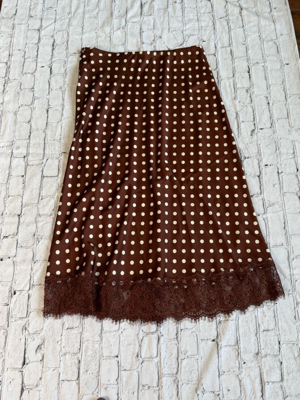 Polka Dot Lace-Hem Brown Midi Skirt